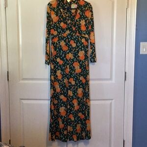Vintage Floral Long Sleeve Dress - Green and Orange